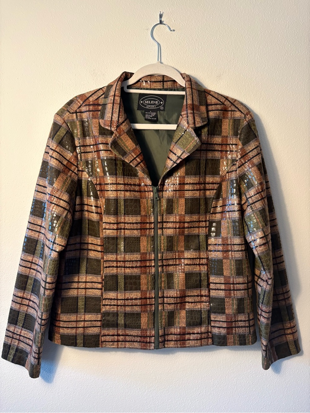 Vintage Selene Sport Faux Leather Snakeskin Plaid Zip Up Jacket Large